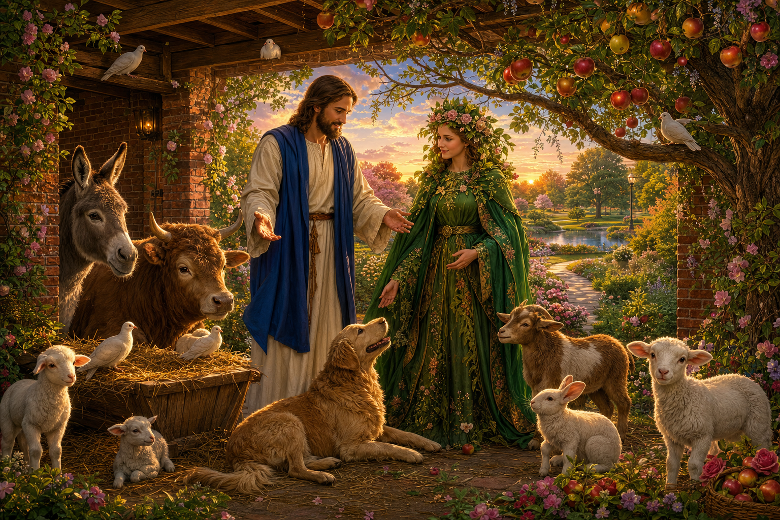 Storybook garden scene with Jesus, the fictional Rose of Hawthorne, an apple tree, and friendly animals gathered in a brick manger porch