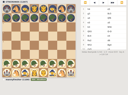 Chess Maestro replaying the Kádas game: the board renders as terrain, with water pooling on contested squares.